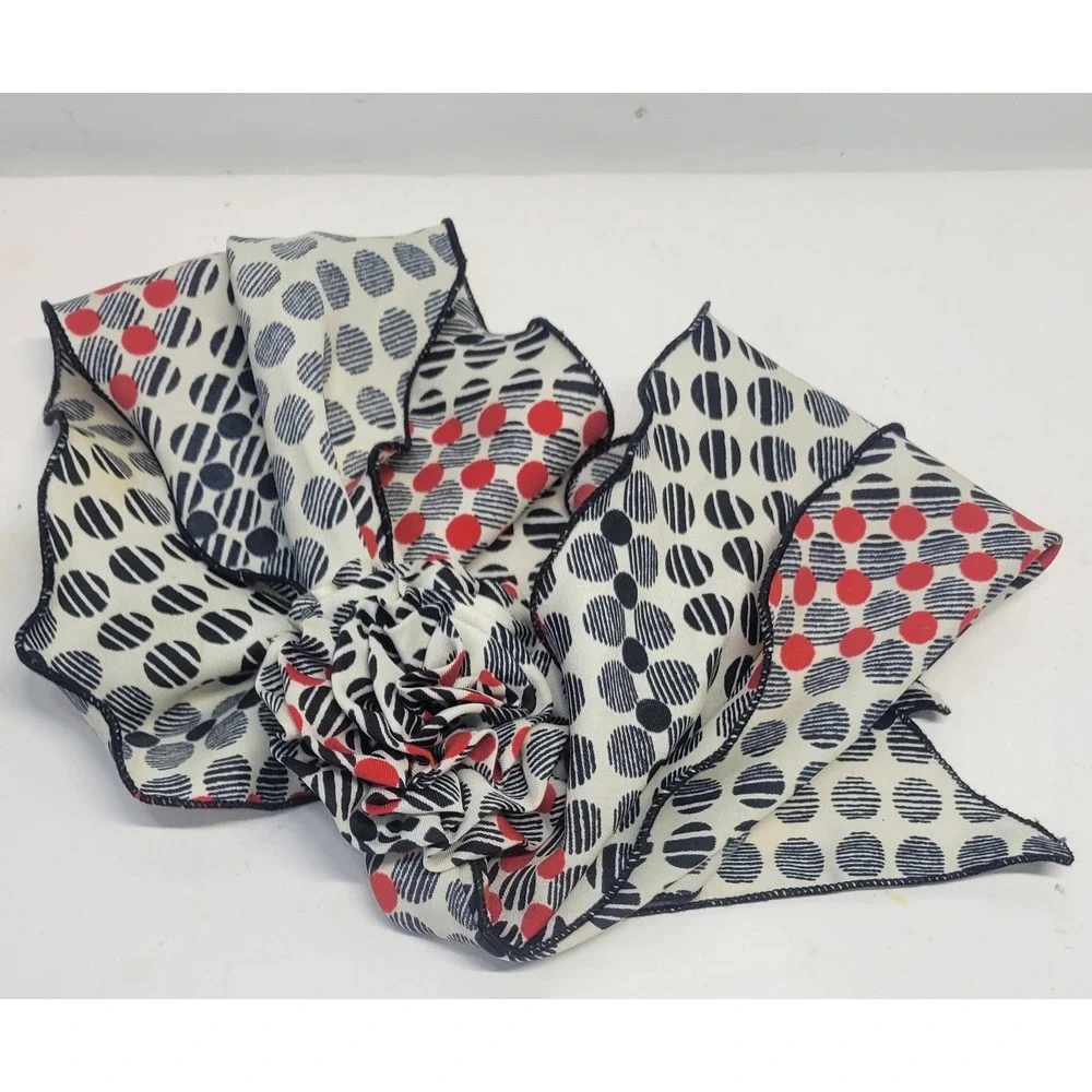 Vintage Polka Dot Scarf‎ Red Black Cream Accordion Pleat Ruffle Trim